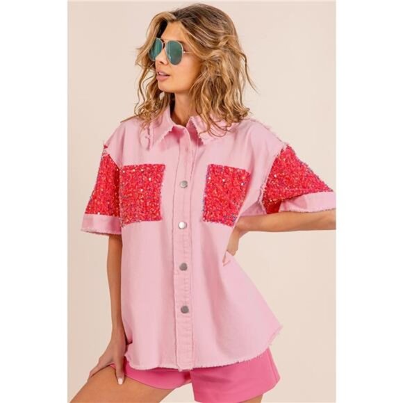 ✨NWT BiBi Sequin Detail Raw Hem Short Sleeve Shirt - Picture 3 of 5